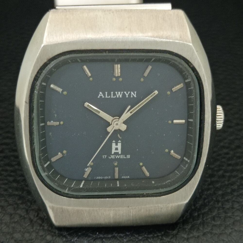 Vintage 1983 Allwyn Manual Mens Silver Watch W/Metal Strap & Blue accents - Picture 4 of 9